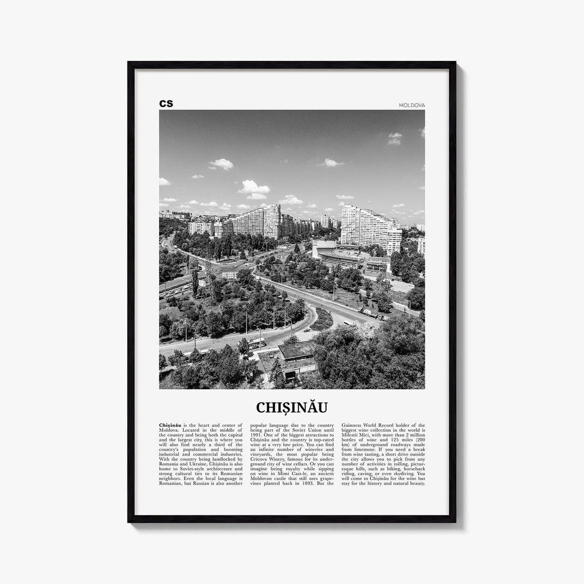 Chișinău black & white newspaper poster of Moldova – vertical wall art, unframed print shown in interior mockup