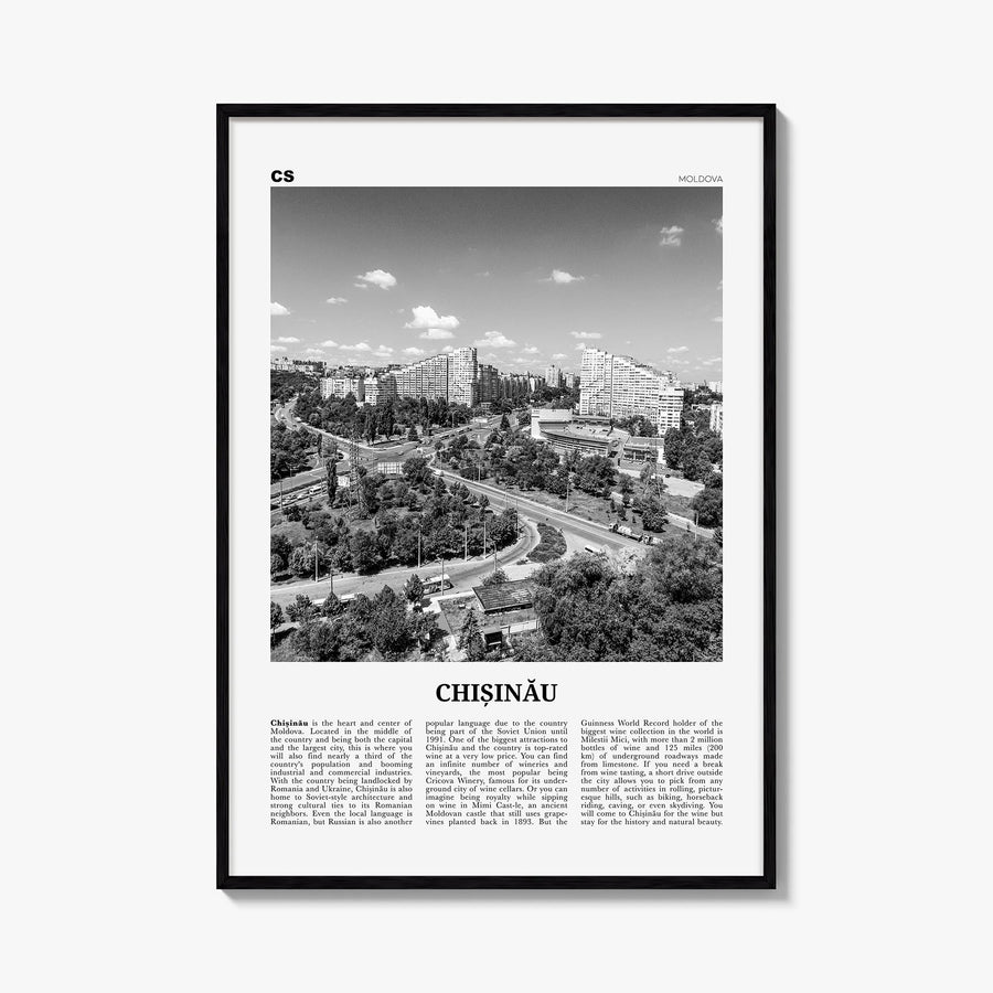 Chișinău black & white newspaper poster of Moldova – vertical wall art, unframed print shown in interior mockup