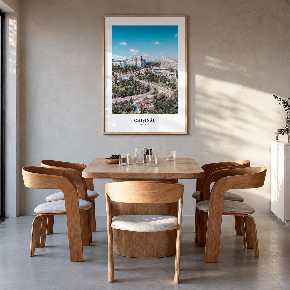 Chișinău colorful classic poster of Moldova – vertical wall art in natural wood frame, hanging on wall