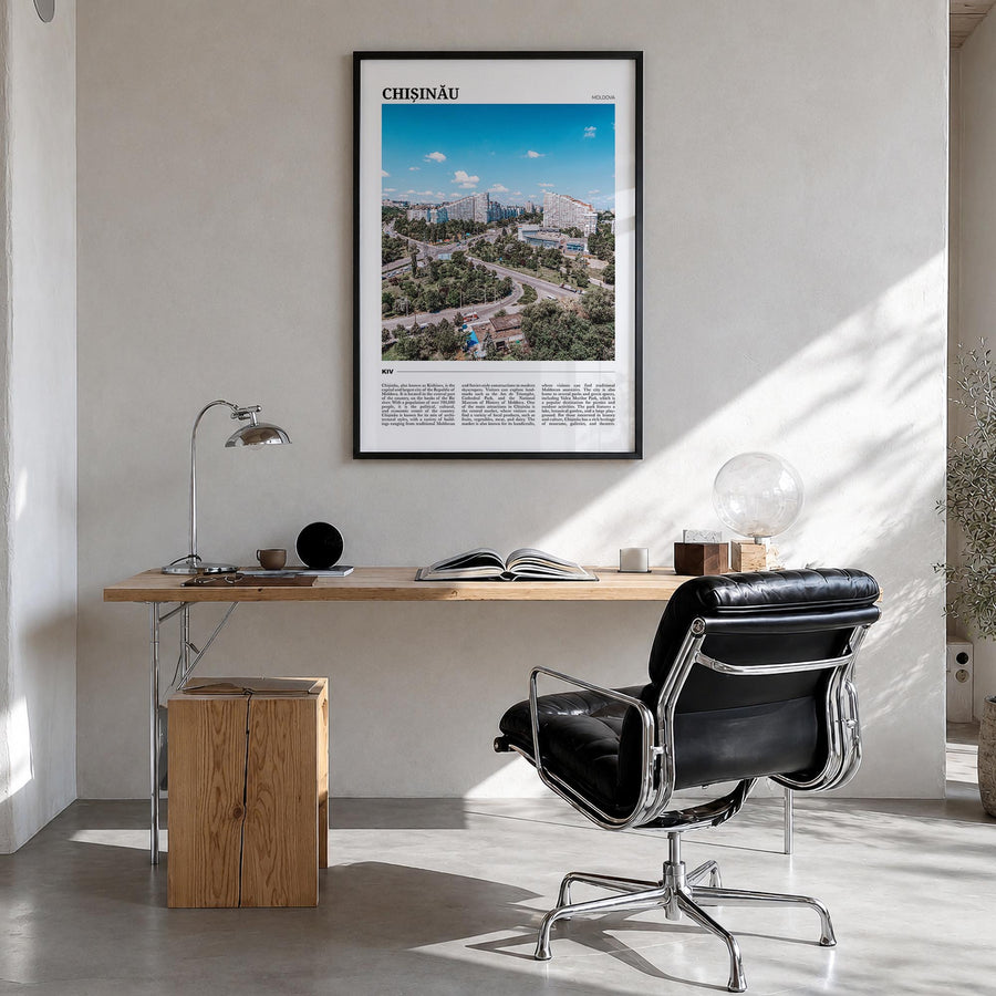 Chișinău colorful travel poster of Moldova – vertical wall art in black wood frame, hanging on wall