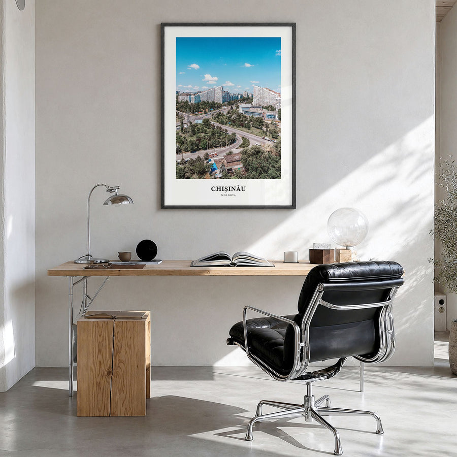 Chișinău Classic Poster in a black wood frame, hanging in a bright home office