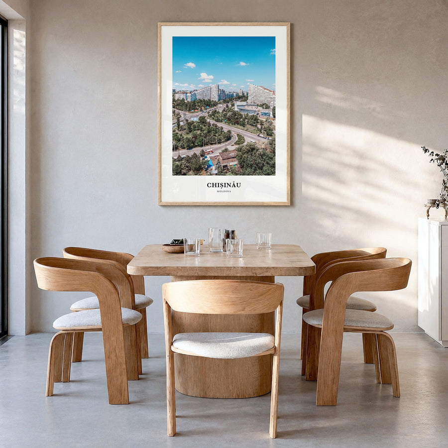 Chișinău Classic Poster in a natural wood frame, hanging in a dining room