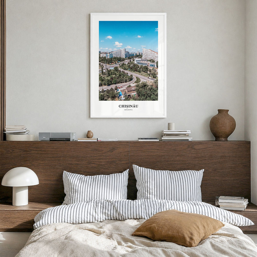 Chișinău Classic Poster in a white wood frame, hanging in a bedroom