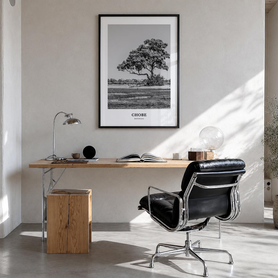Chobe National Park black & white classic poster of Botswana – vertical wall art in black wood frame, hanging on wall