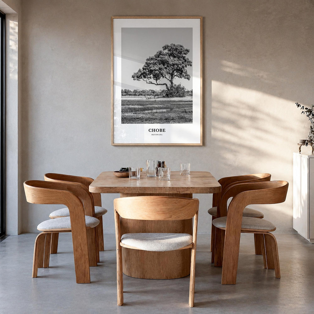 Chobe National Park black & white classic poster of Botswana – vertical wall art in natural wood frame, hanging on wall