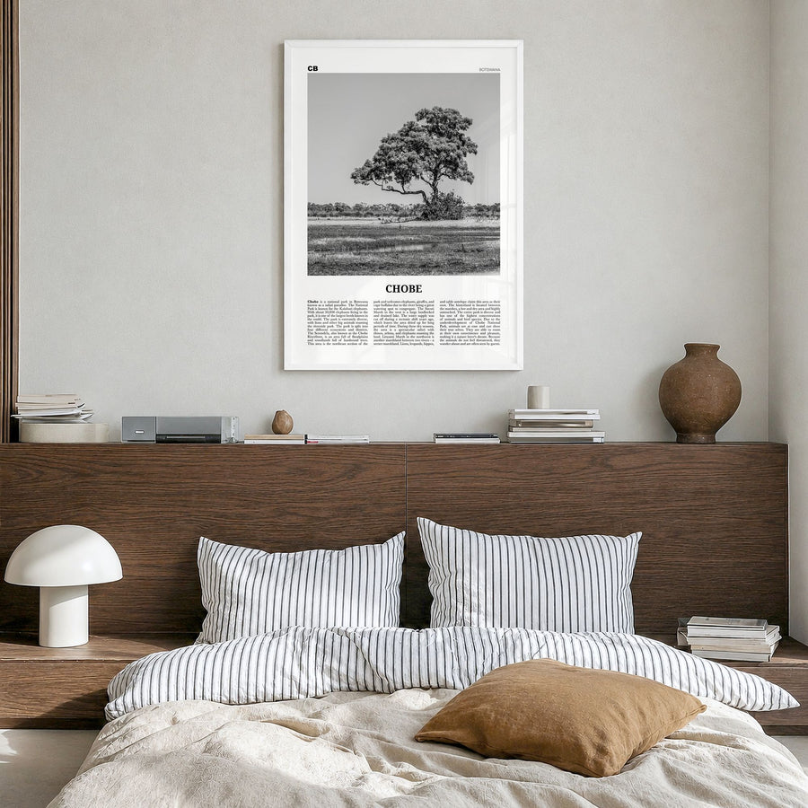 Chobe National Park Newspaper Poster in a white wood frame, hanging in a bedroom