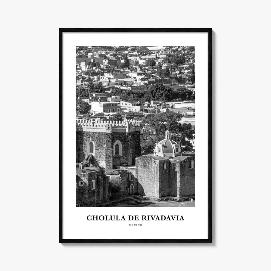 Cholula de Rivadavia black & white classic poster of Mexico – vertical wall art, unframed print shown in interior mockup