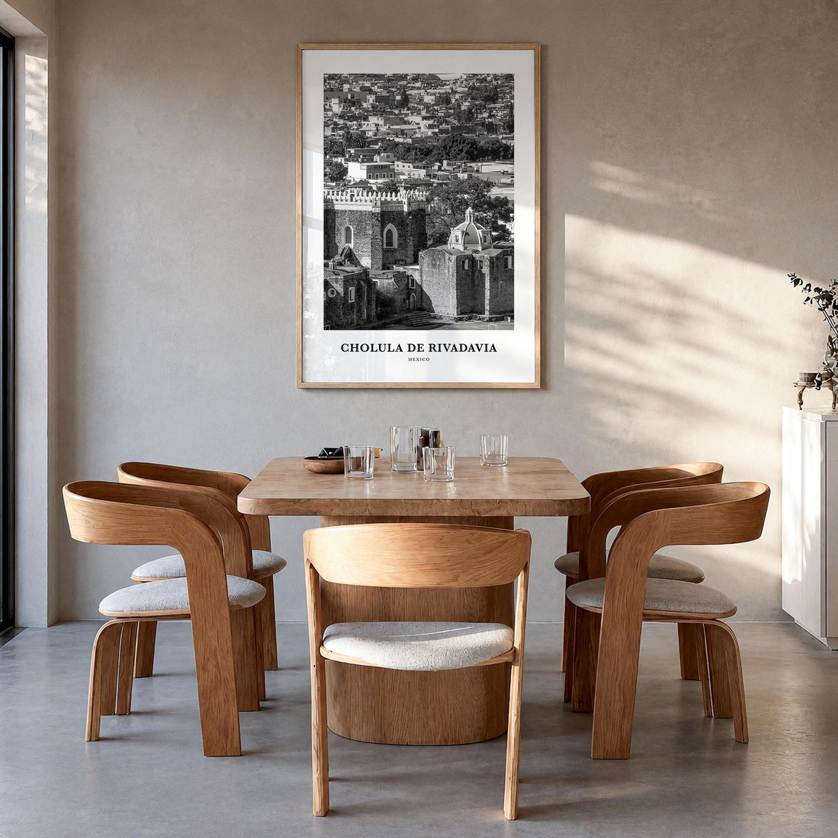 Cholula de Rivadavia black & white classic poster of Mexico – vertical wall art in natural wood frame, hanging on wall