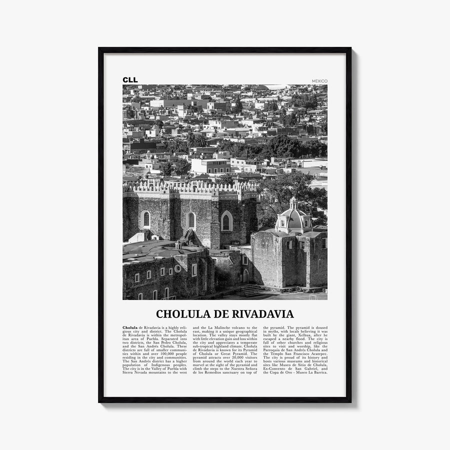 Cholula de Rivadavia black & white newspaper poster of Mexico – vertical wall art, unframed print shown in interior mockup