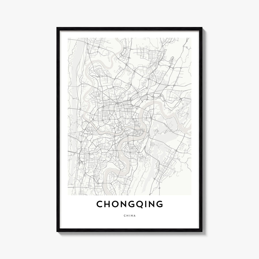 Chongqing black & white map poster of China – vertical wall art, unframed print shown in interior mockup