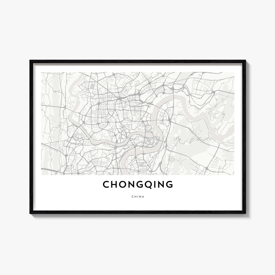 Chongqing black & white map poster of China – horizontal wall art, unframed print shown in interior mockup