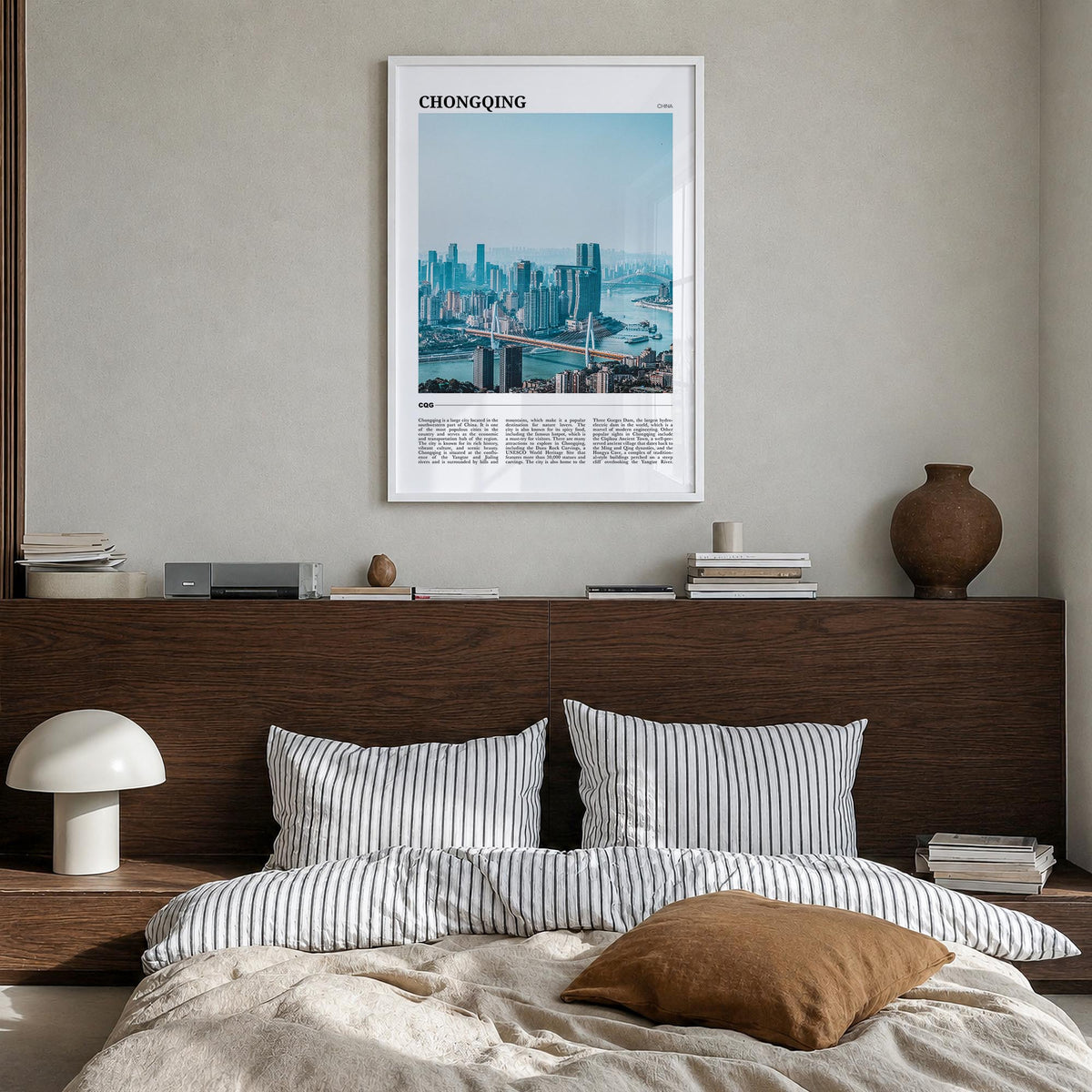 Chongqing colorful travel poster of China – vertical wall art in white wood frame, hanging on wall