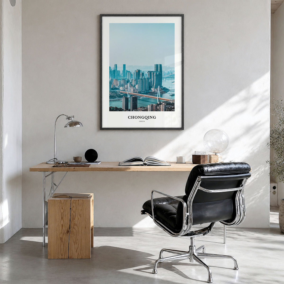 Chongqing Classic Poster in a black wood frame, hanging in a bright home office