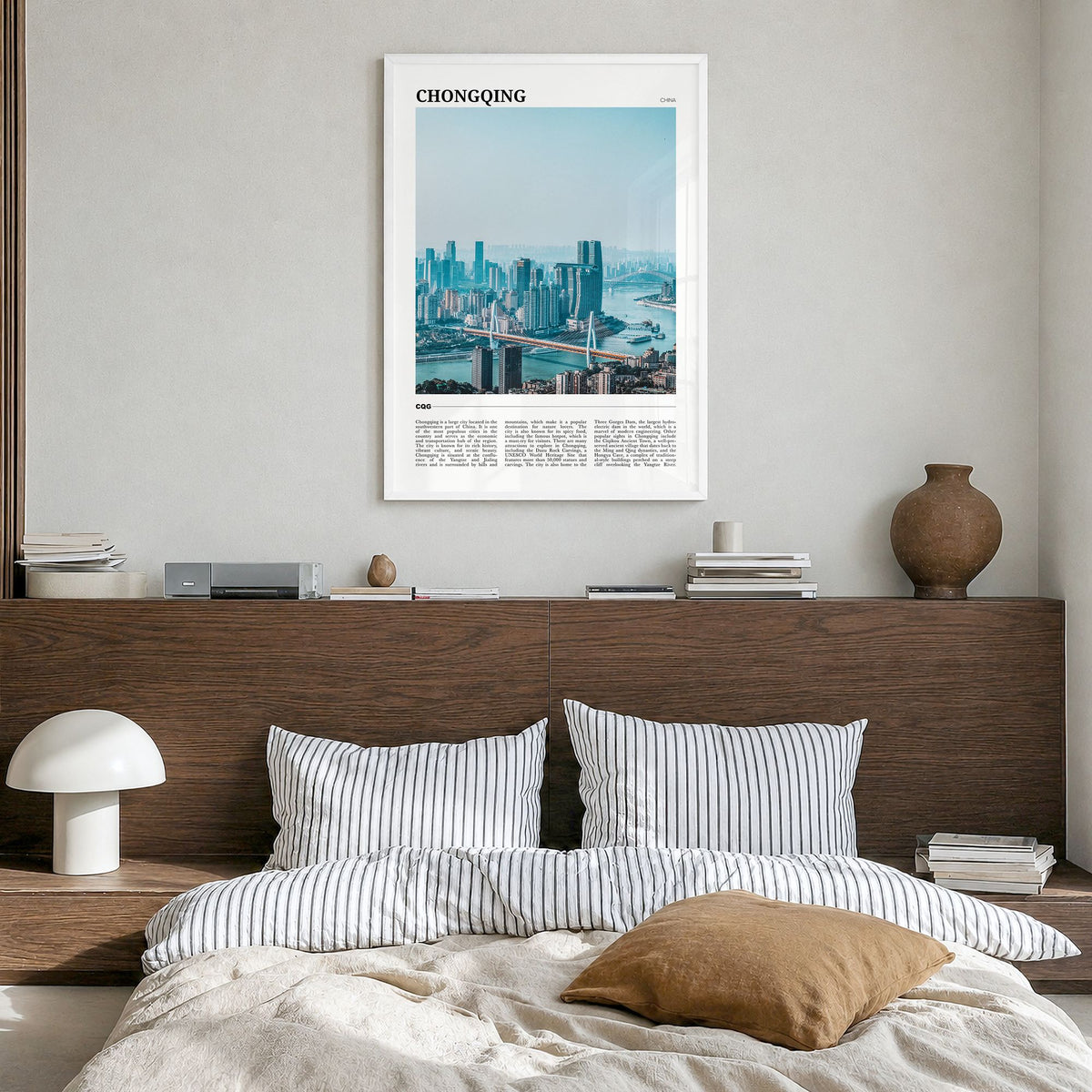 Chongqing Travel Poster in a white wood frame, hanging in a bedroom
