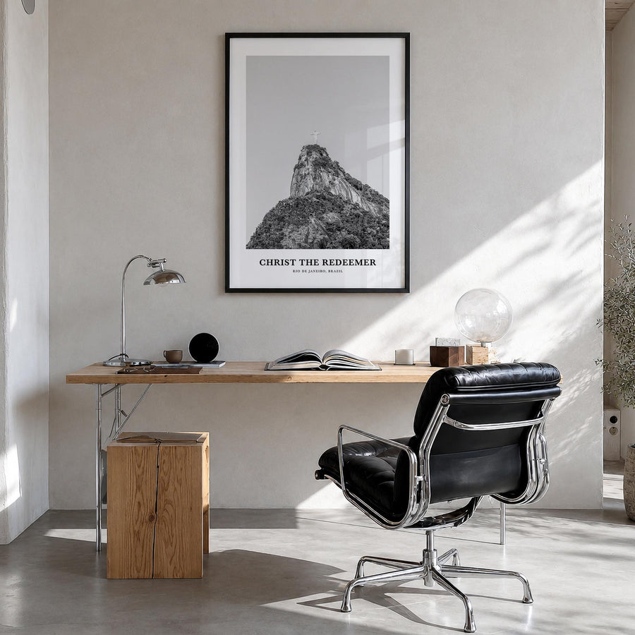 Christ the Redeemer black & white classic poster of Brazil – vertical wall art in black wood frame, hanging on wall