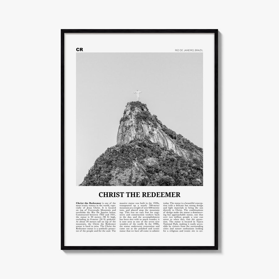 Christ the Redeemer black & white newspaper poster of Brazil – vertical wall art, unframed print shown in interior mockup