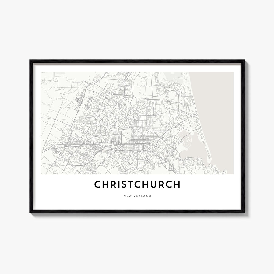 Christchurch black & white map poster of New Zealand – horizontal wall art, unframed print shown in interior mockup