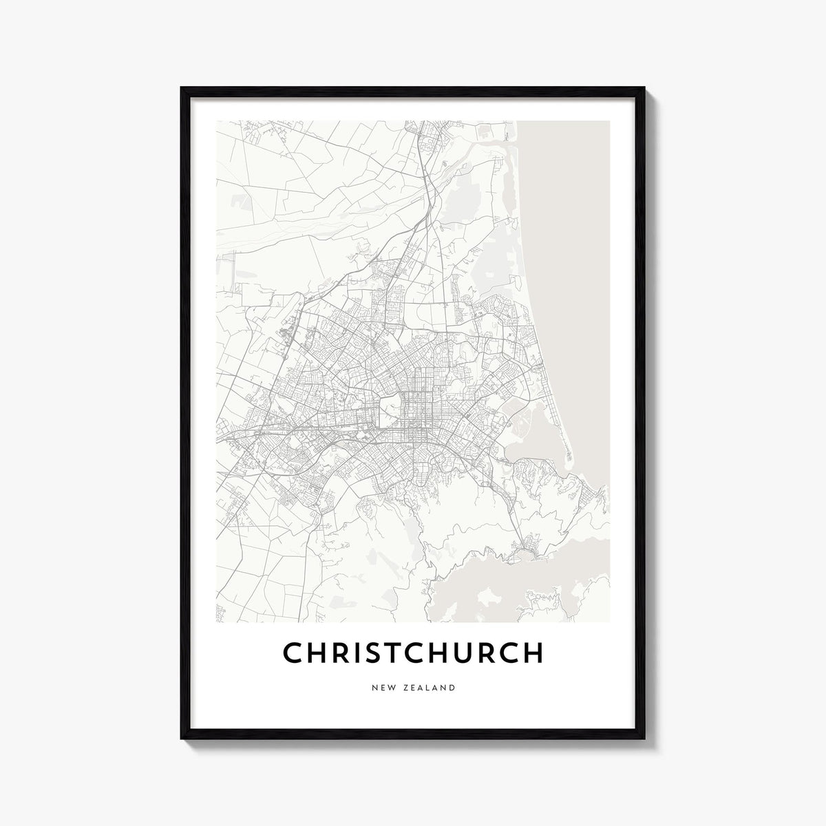 Christchurch black & white map poster of New Zealand – vertical wall art, unframed print shown in interior mockup