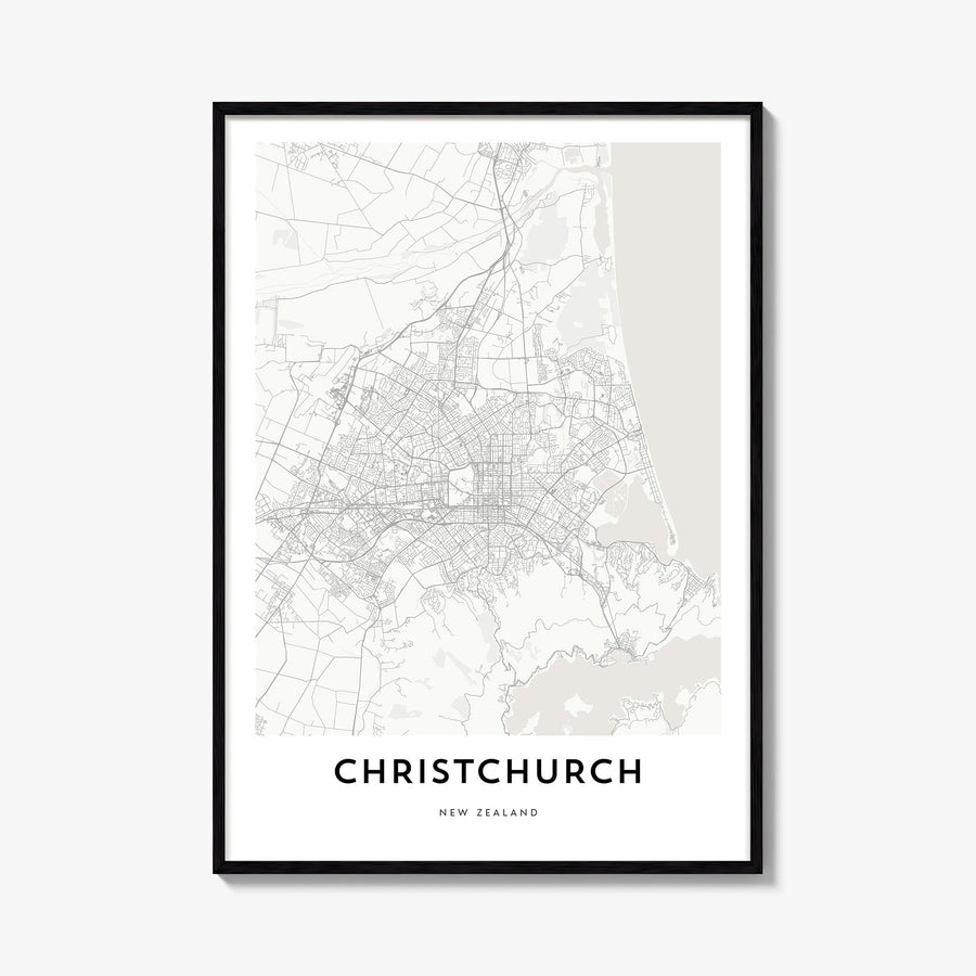 Christchurch black & white map poster of New Zealand – vertical wall art, unframed print shown in interior mockup