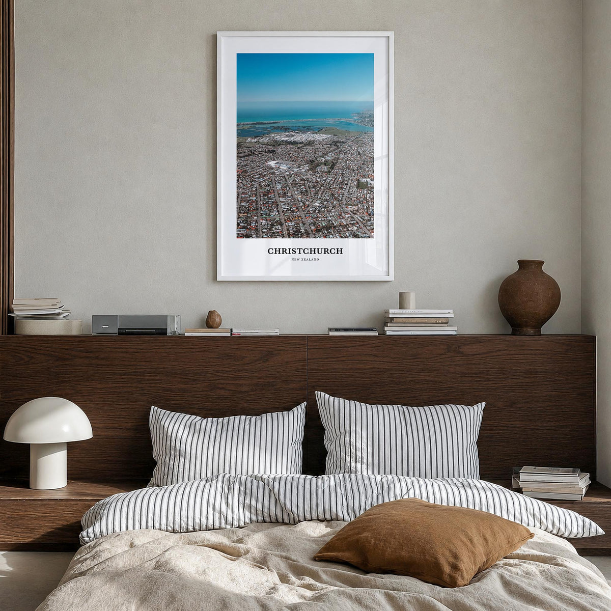 Christchurch colorful classic poster of New Zealand – vertical wall art in white wood frame, hanging on wall