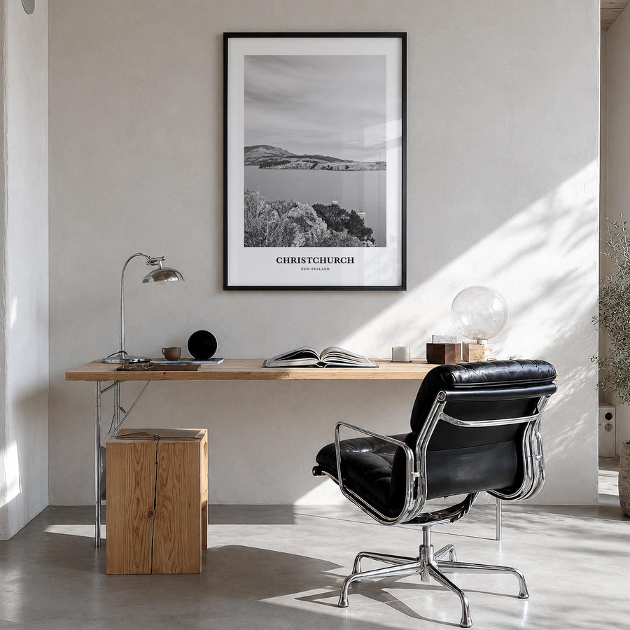 Christchurch no. 1 black & white classic poster of New Zealand – vertical wall art in black wood frame, hanging on wall