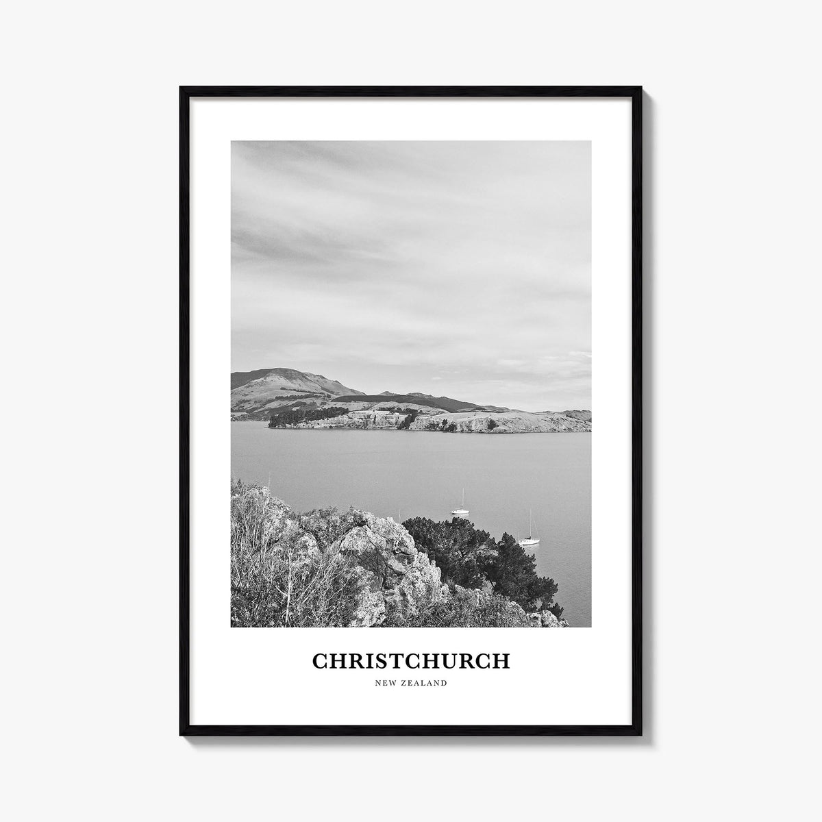 Christchurch no. 1 black & white classic poster of New Zealand – vertical wall art, unframed print shown in interior mockup
