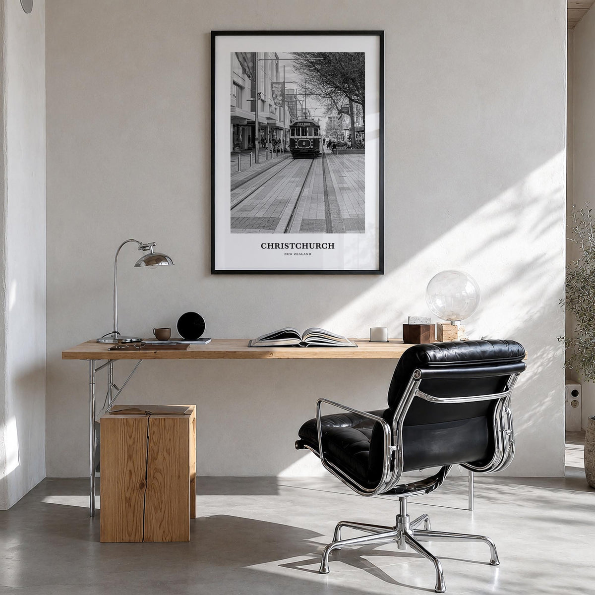 Christchurch no. 2 black & white classic poster of New Zealand – vertical wall art in black wood frame, hanging on wall
