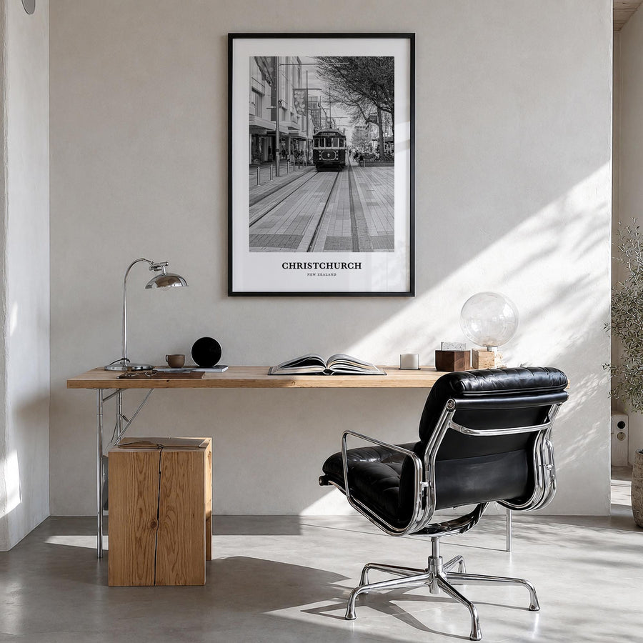 Christchurch no. 2 black & white classic poster of New Zealand – vertical wall art in black wood frame, hanging on wall