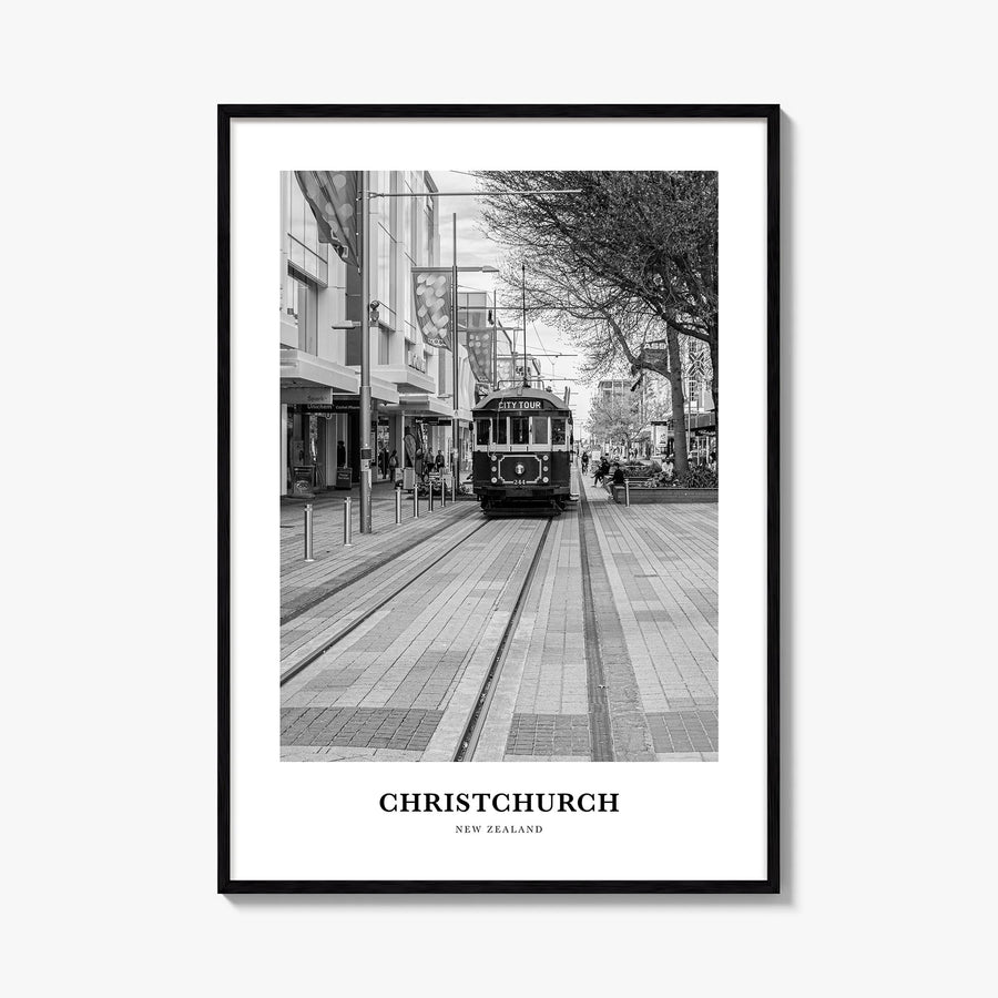 Christchurch no. 2 black & white classic poster of New Zealand – vertical wall art, unframed print shown in interior mockup