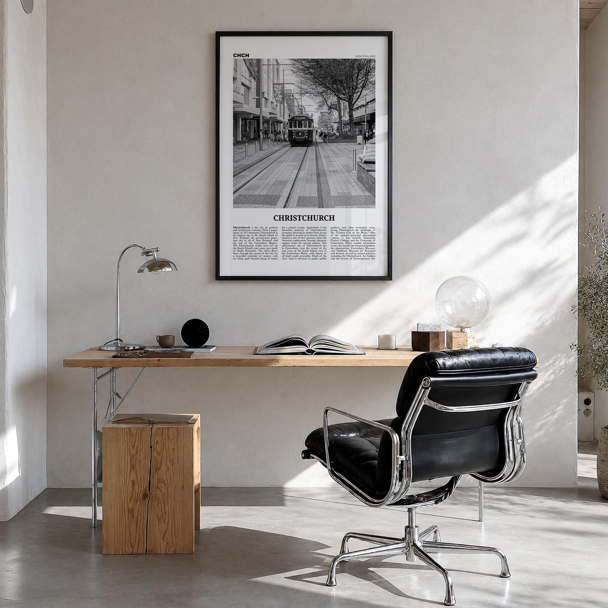 Christchurch no. 2 black & white newspaper poster of New Zealand – vertical wall art in black wood frame, hanging on wall
