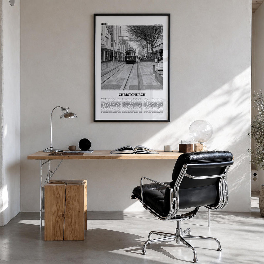 Christchurch no. 2 black & white newspaper poster of New Zealand – vertical wall art in black wood frame, hanging on wall