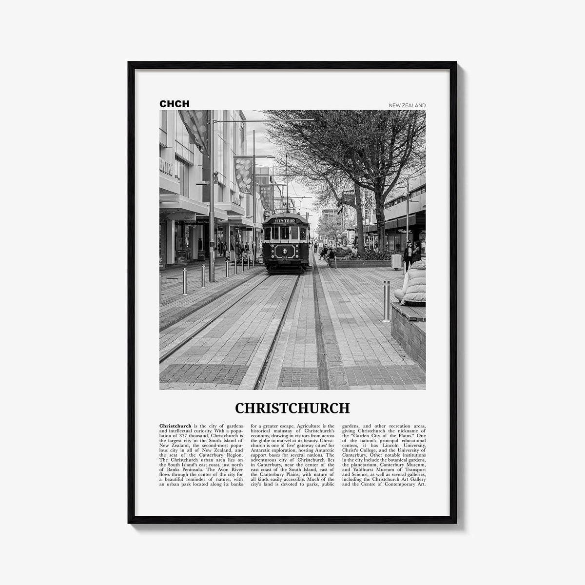 Christchurch no. 2 black & white newspaper poster of New Zealand – vertical wall art, unframed print shown in interior mockup