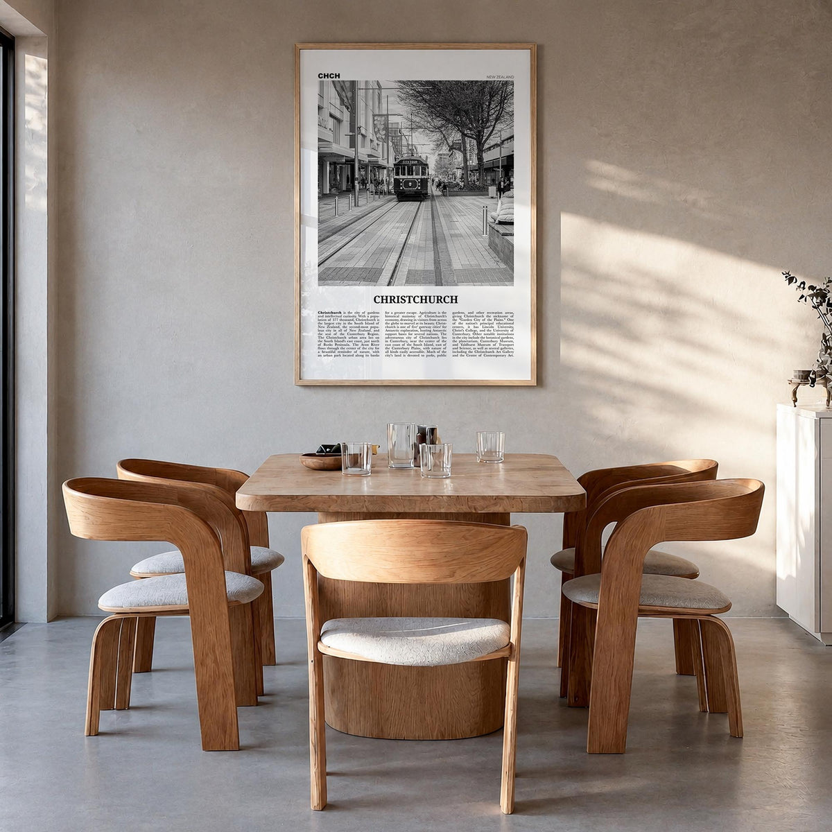 Christchurch no. 2 black & white newspaper poster of New Zealand – vertical wall art in natural wood frame, hanging on wall