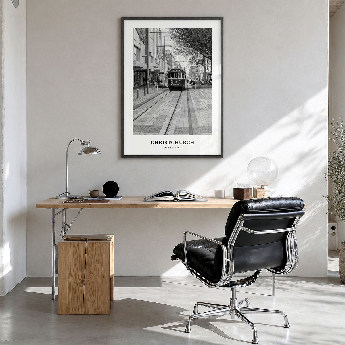 Christchurch Classic No 2 Poster in a black wood frame, hanging in a bright home office