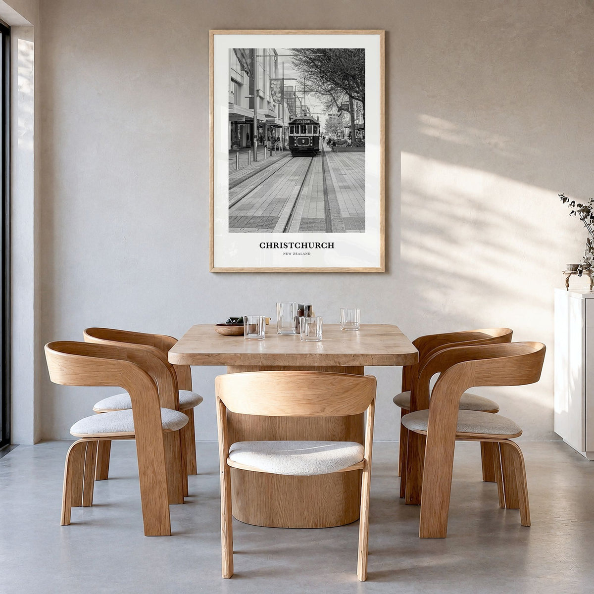Christchurch Classic No 2 Poster in a natural wood frame, hanging in a dining room