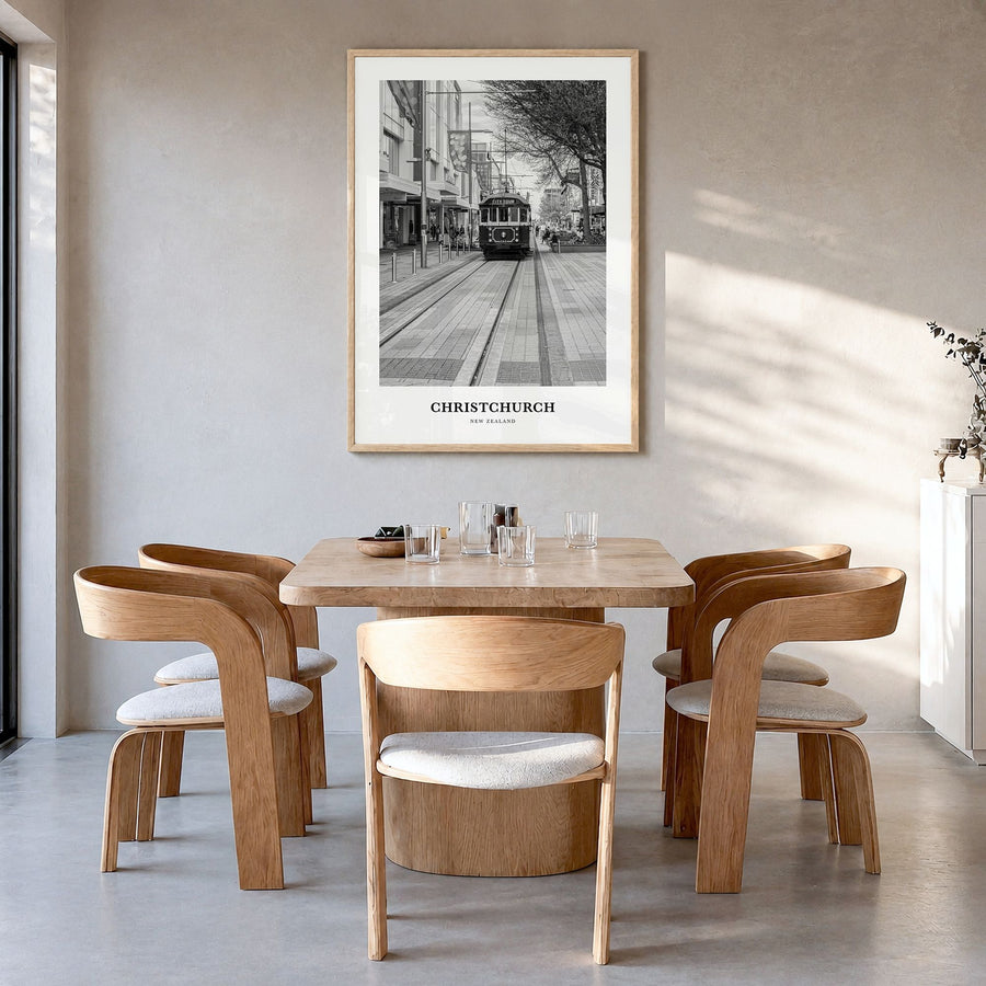 Christchurch Classic No 2 Poster in a natural wood frame, hanging in a dining room