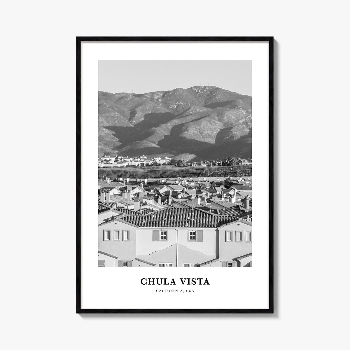 Chula Vista black & white classic poster of California, USA – vertical wall art, unframed print shown in interior mockup