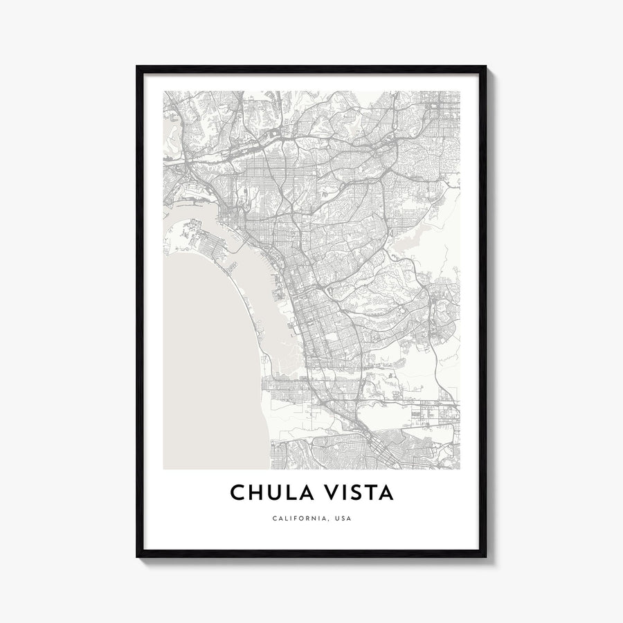 Chula Vista black & white map poster of California, USA – vertical wall art, unframed print shown in interior mockup