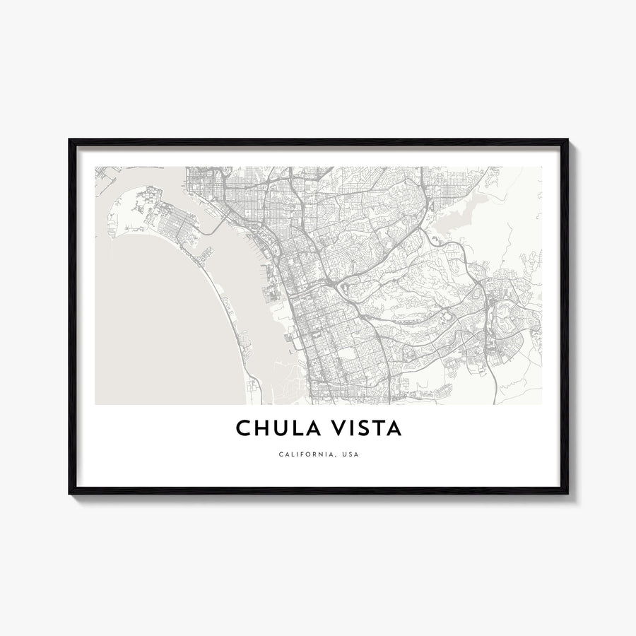 Chula Vista black & white map poster of California, USA – horizontal wall art, unframed print shown in interior mockup