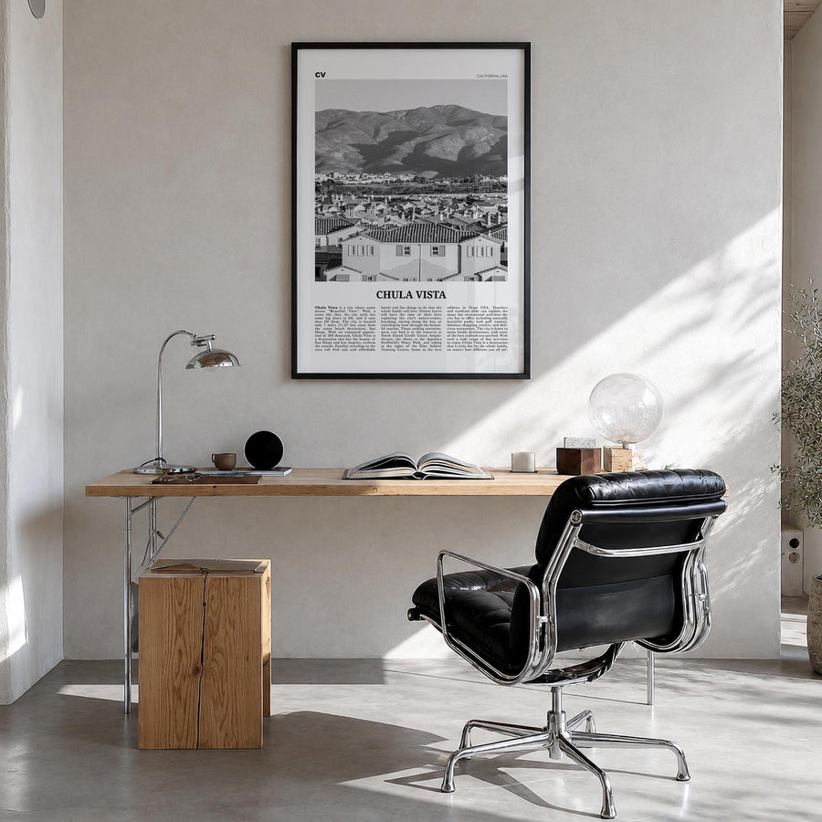 Chula Vista black & white newspaper poster of California, USA – vertical wall art in black wood frame, hanging on wall
