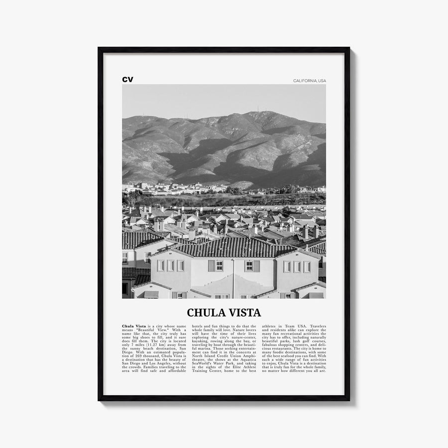 Chula Vista black & white newspaper poster of California, USA – vertical wall art, unframed print shown in interior mockup