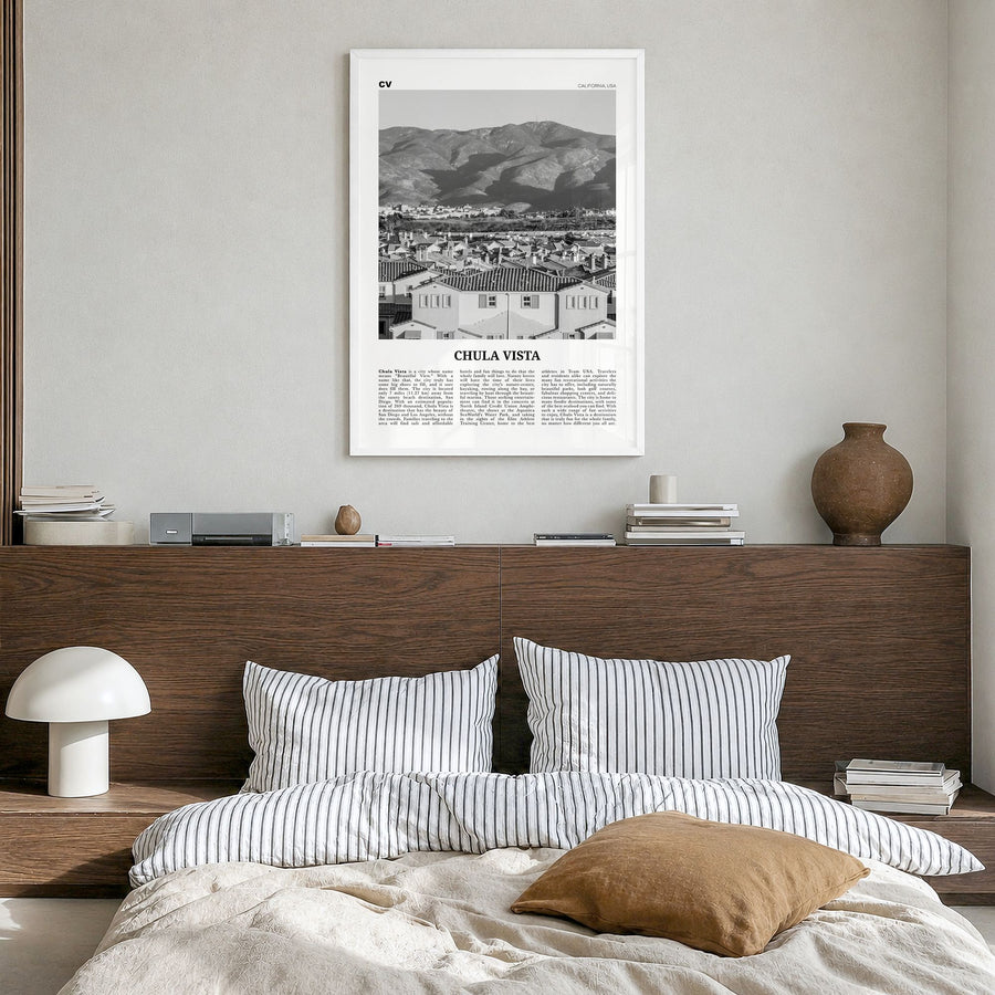 Chula Vista Newspaper Poster in a white wood frame, hanging in a bedroom