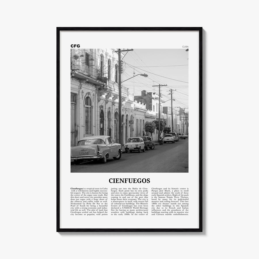 Cienfuegos black & white newspaper poster of Cuba – vertical wall art, unframed print shown in interior mockup
