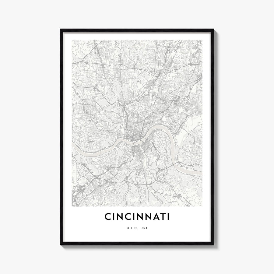 Cincinnati black & white map poster of Ohio, USA – vertical wall art, unframed print shown in interior mockup