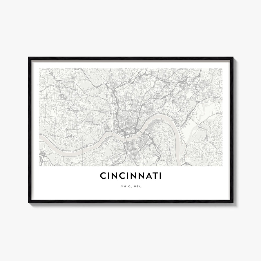 Cincinnati black & white map poster of Ohio, USA – horizontal wall art, unframed print shown in interior mockup