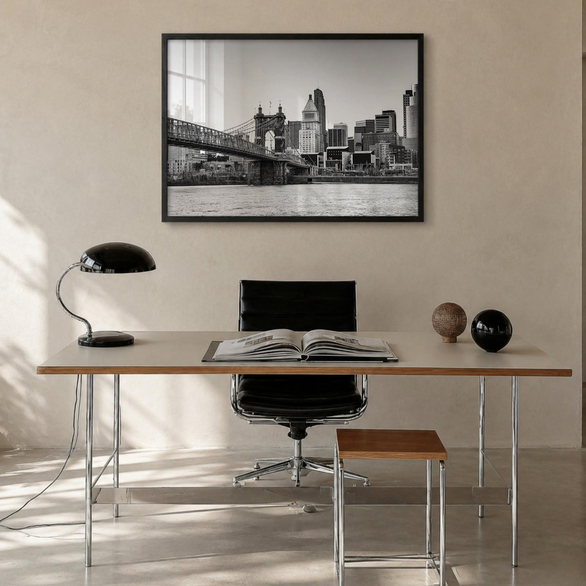 Cincinnati black & white photo poster of Ohio, USA – horizontal wall art in black wood frame, hanging on wall