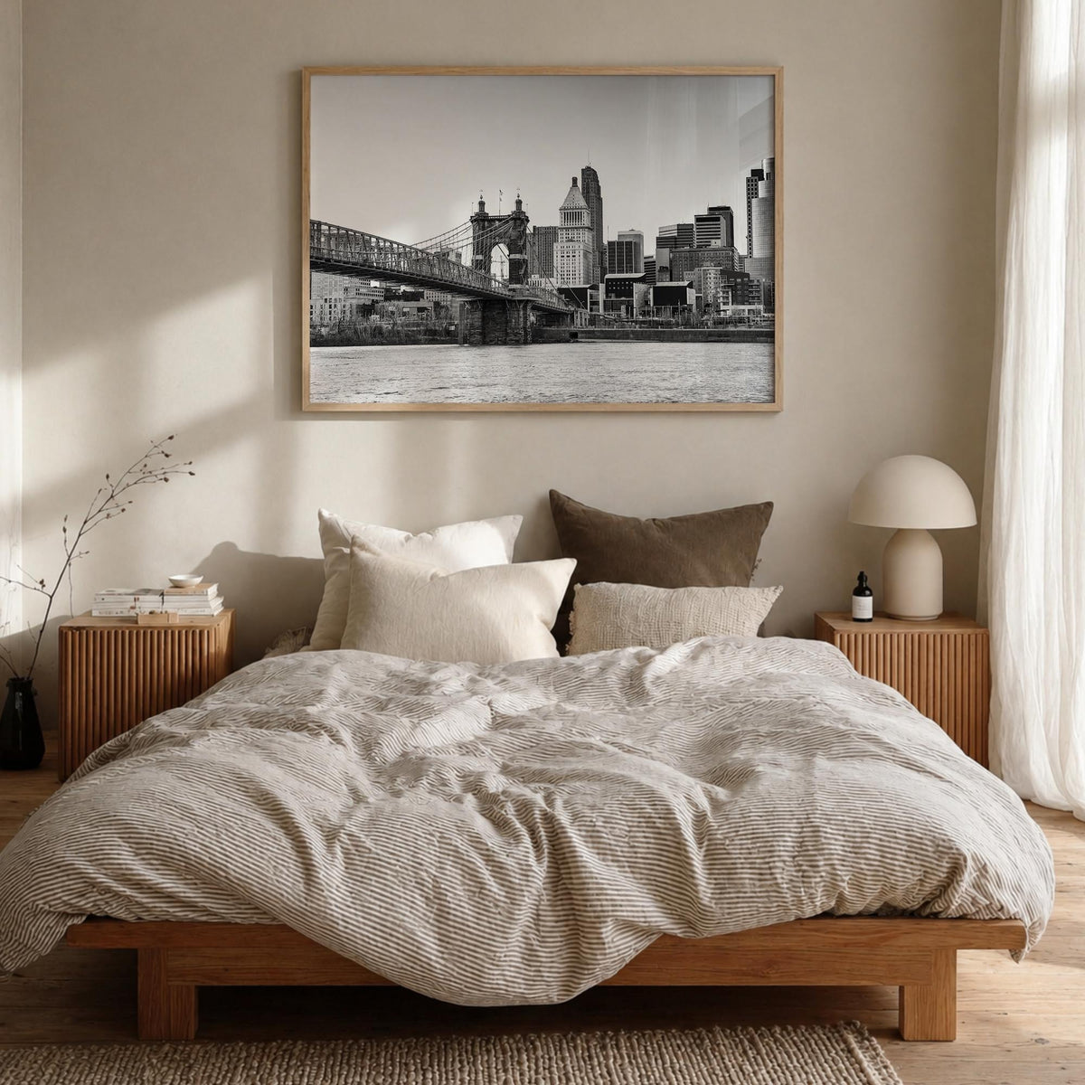 Cincinnati black & white photo poster of Ohio, USA – horizontal wall art in natural wood frame, hanging on wall