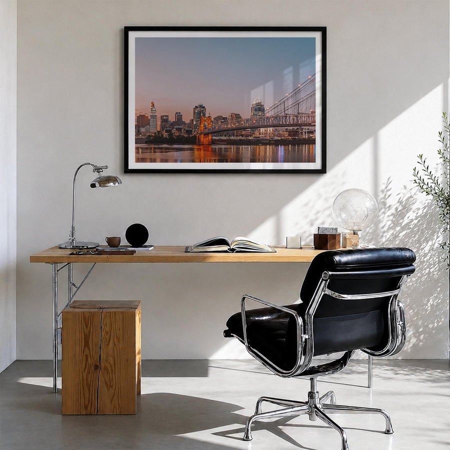 Cincinnati colorful photo poster of Ohio, USA – horizontal wall art in black wood frame with white border, hanging on wall