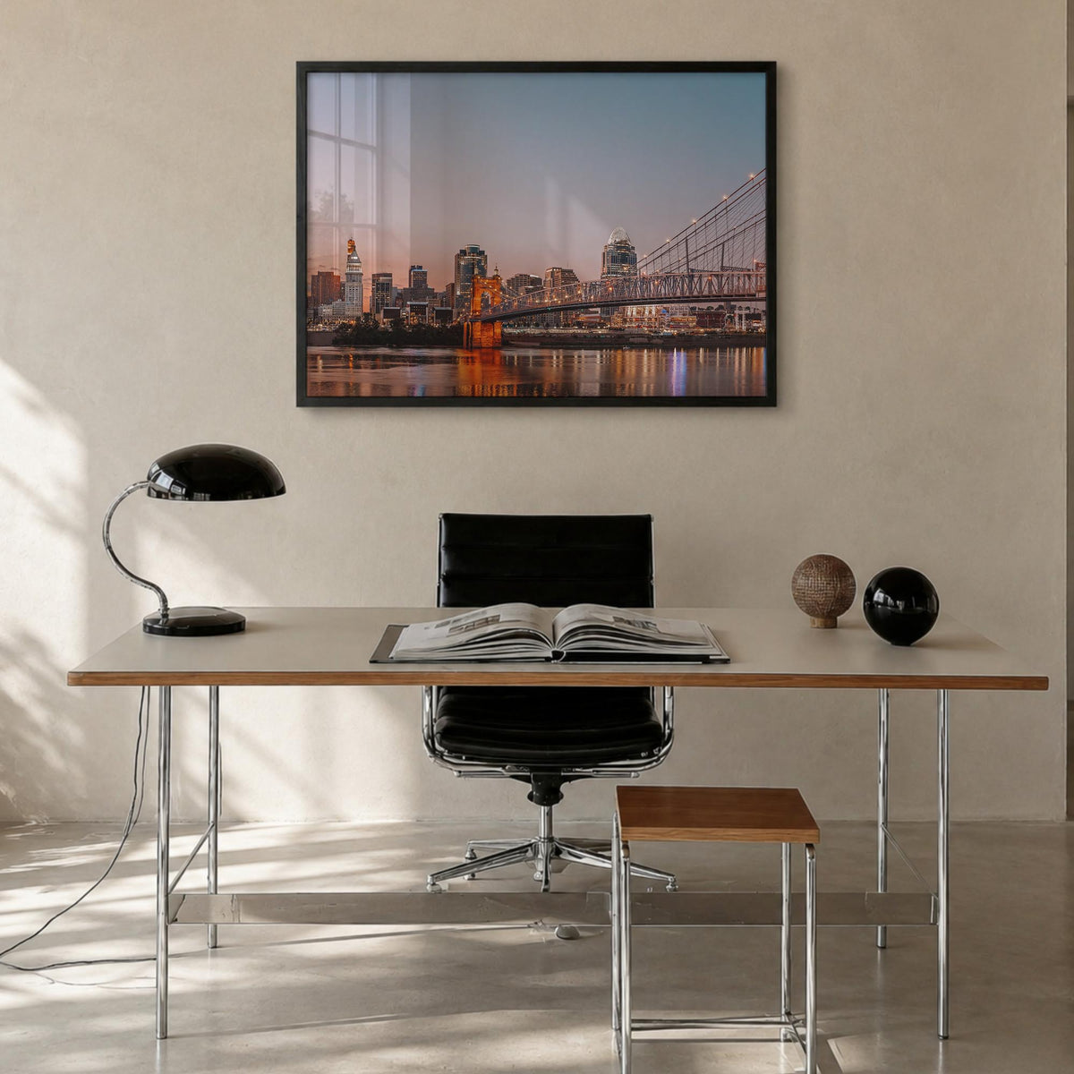 Cincinnati colorful photo poster of Ohio, USA – horizontal wall art in black wood frame, hanging on wall