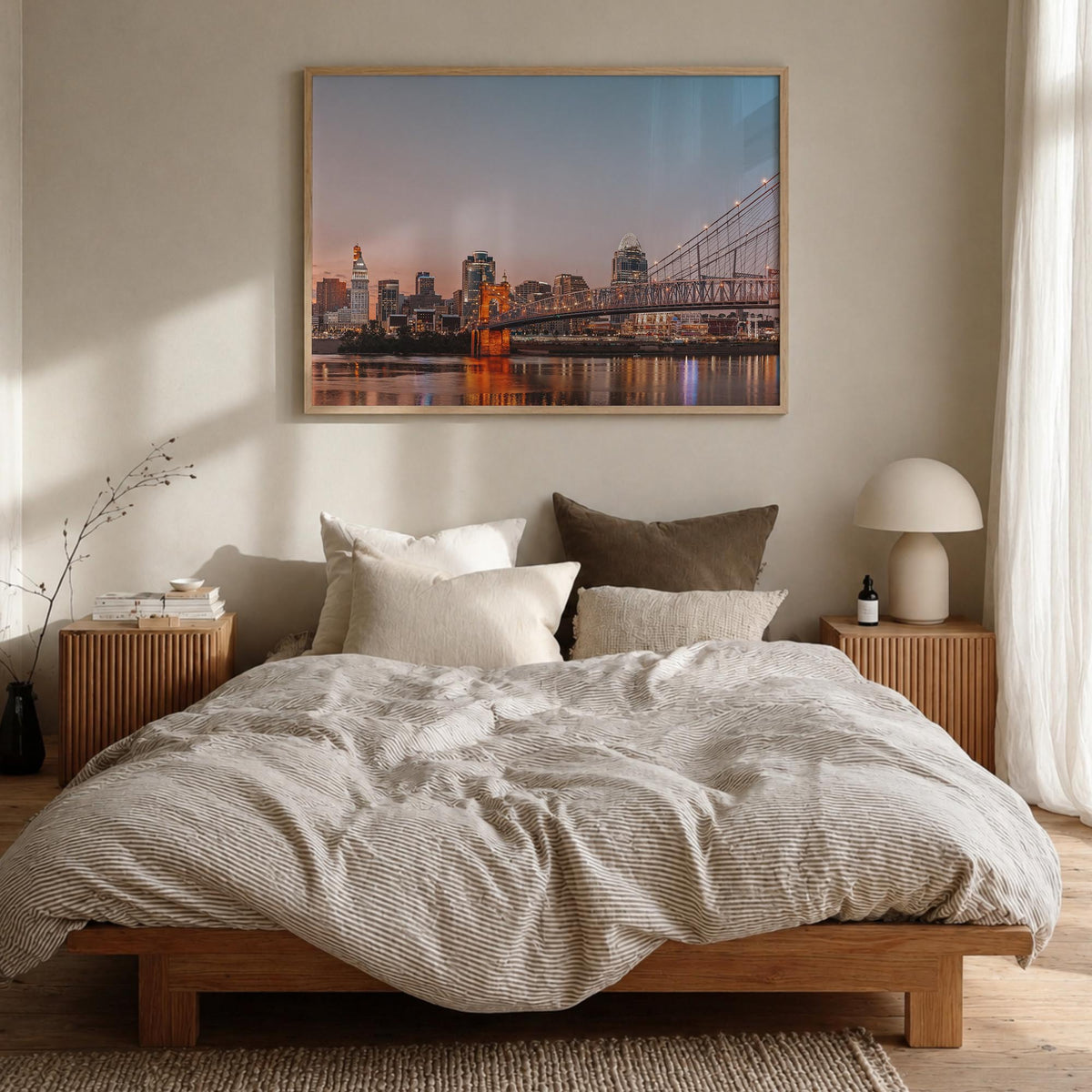 Cincinnati colorful photo poster of Ohio, USA – horizontal wall art in natural wood frame, hanging on wall